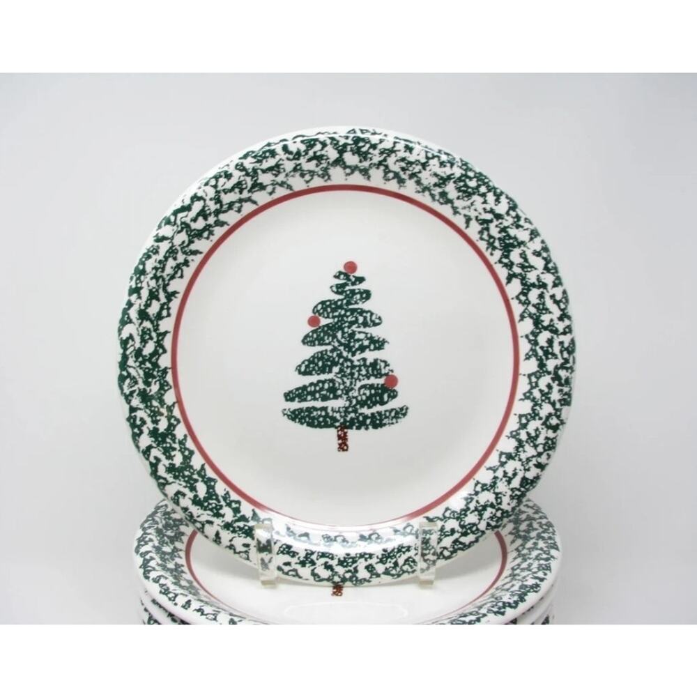 NEW! FURIO Christmas Tree 10" Dinner Plates Spongeware Set Of 4 Made Italy Gift